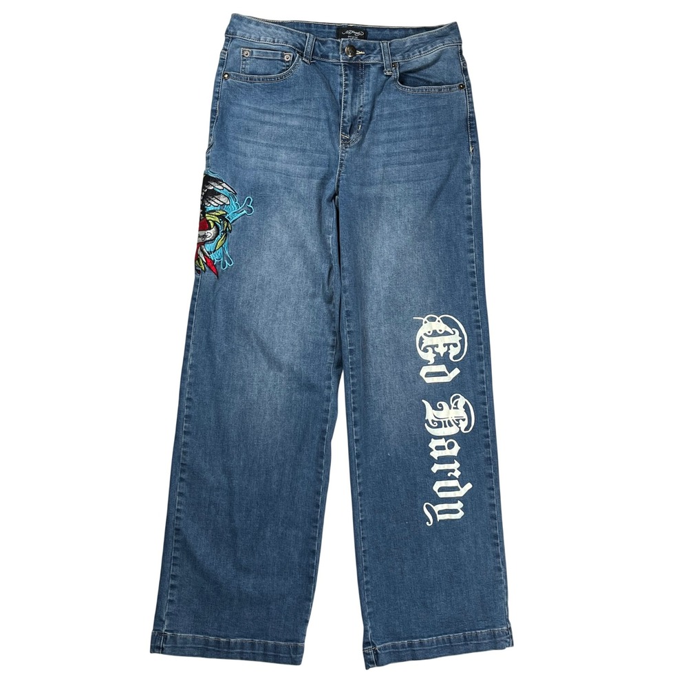 Ed Hardy Jeans Women 28 Blue Wide Leg Embroidered Tattoo Graphic Eagle Heart